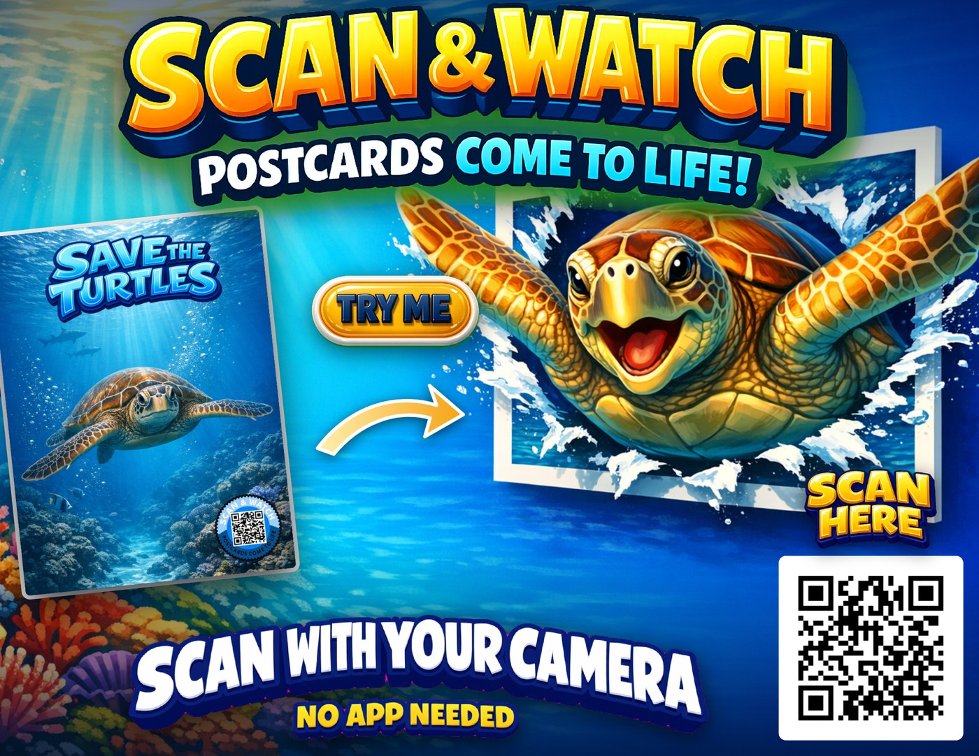 The topper sign: Scan & Watch, postcards come to life, with a QR code